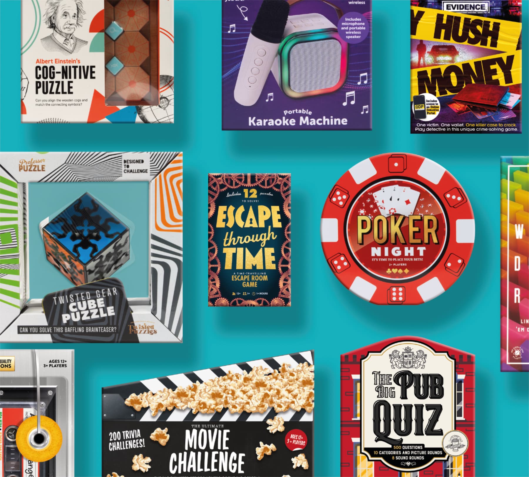 An overhead spread of Professor Puzzle games and puzzles on a teal background